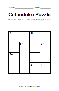 Puzzle #0004. Level: Easy. Print Size: Large Print. Classic 4x4 Calcudoku Puzzle. Free printable 4x4 large print Calcudoku puzzle for kids, adults, seniors, classrooms, homeschooling, and brain-training activities. Download the puzzle in PDF or PNG format, along with a separate answer key.