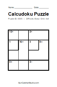 Puzzle #0005. Level: Easy. Print Size: Large Print. Easy 4x4 Calcudoku Puzzle. Free printable 4x4 large print Calcudoku puzzle for kids, adults, seniors, classrooms, homeschooling, and brain-training activities. Download the puzzle in PDF or PNG format, along with a separate answer key.