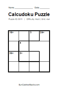 Puzzle #0011. Level: Hard. Print Size: Large Print. Challenging 4x4 Calcudoku Puzzle. Free printable 4x4 large print Calcudoku puzzle for kids, adults, seniors, classrooms, homeschooling, and brain-training activities. Download the puzzle in PDF or PNG format, along with a separate answer key.