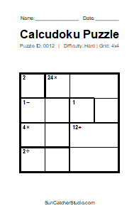 Puzzle #0012. Level: Hard. Print Size: Large Print. Printable 4x4 Calcudoku Number Puzzle. Free printable 4x4 large print Calcudoku puzzle for kids, adults, seniors, classrooms, homeschooling, and brain-training activities. Download the puzzle in PDF or PNG format, along with a separate answer key.