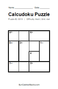 Puzzle #0013. Level: Hard. Print Size: Large Print. Printable 4x4 Calcudoku Logic Puzzle. Free printable 4x4 large print Calcudoku puzzle for kids, adults, seniors, classrooms, homeschooling, and brain-training activities. Download the puzzle in PDF or PNG format, along with a separate answer key.