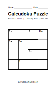 Puzzle #0014. Level: Hard. Print Size: Large Print. Brain Training 4x4 Calcudoku Puzzle. Free printable 4x4 large print Calcudoku puzzle for kids, adults, seniors, classrooms, homeschooling, and brain-training activities. Download the puzzle in PDF or PNG format, along with a separate answer key.