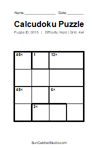 Puzzle #0015. Level: Hard. Print Size: Large Print. Advanced 4x4 Calcudoku Puzzle. Free printable 4x4 large print Calcudoku puzzle for kids, adults, seniors, classrooms, homeschooling, and brain-training activities. Download the puzzle in PDF or PNG format, along with a separate answer key.