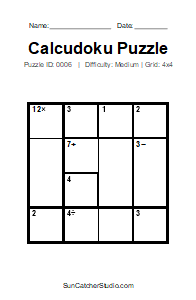 Puzzle #0006. Level: Medium. Print Size: Large Print. Printable 4x4 Calcudoku Puzzle. Free printable 4x4 large print Calcudoku puzzle for kids, adults, seniors, classrooms, homeschooling, and brain-training activities. Download the puzzle in PDF or PNG format, along with a separate answer key.