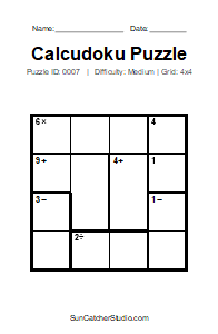 Puzzle #0007. Level: Medium. Print Size: Large Print. 4x4 Calcudoku Number Puzzle. Free printable 4x4 large print Calcudoku puzzle for kids, adults, seniors, classrooms, homeschooling, and brain-training activities. Download the puzzle in PDF or PNG format, along with a separate answer key.