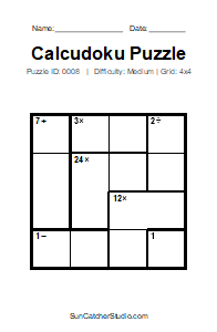 Puzzle #0008. Level: Medium. Print Size: Large Print. Printable 4x4 Calcudoku Logic Puzzle. Free printable 4x4 large print Calcudoku puzzle for kids, adults, seniors, classrooms, homeschooling, and brain-training activities. Download the puzzle in PDF or PNG format, along with a separate answer key.
