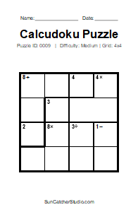 Puzzle #0009. Level: Medium. Print Size: Large Print. Brain Training 4x4 Calcudoku Puzzle. Free printable 4x4 large print Calcudoku puzzle for kids, adults, seniors, classrooms, homeschooling, and brain-training activities. Download the puzzle in PDF or PNG format, along with a separate answer key.