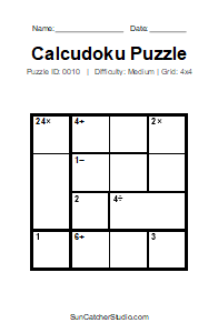 Puzzle #0010. Level: Medium. Print Size: Large Print. Medium 4x4 Calcudoku Puzzle. Free printable 4x4 large print Calcudoku puzzle for kids, adults, seniors, classrooms, homeschooling, and brain-training activities. Download the puzzle in PDF or PNG format, along with a separate answer key.