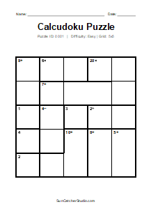 Puzzle #0001. Level: Easy. Print Size: Large Print. Printable 5x5 Calcudoku Puzzle. Free printable 5x5 large print Calcudoku puzzle for kids, adults, seniors, classrooms, homeschooling, and brain-training activities. Download the puzzle in PDF or PNG format, along with a separate answer key.