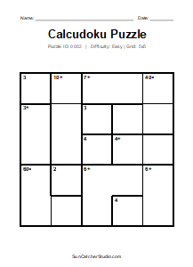 Puzzle #0002. Level: Easy. Print Size: Large Print. Free Printable 5x5 Calcudoku Puzzle. Free printable 5x5 large print Calcudoku puzzle for kids, adults, seniors, classrooms, homeschooling, and brain-training activities. Download the puzzle in PDF or PNG format, along with a separate answer key.