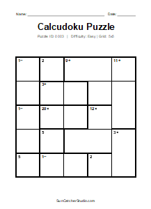 Puzzle #0003. Level: Easy. Print Size: Large Print. Beginner 5x5 Calcudoku Puzzle. Free printable 5x5 large print Calcudoku puzzle for kids, adults, seniors, classrooms, homeschooling, and brain-training activities. Download the puzzle in PDF or PNG format, along with a separate answer key.