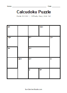Puzzle #0004. Level: Easy. Print Size: Large Print. Classic 5x5 Calcudoku Puzzle. Free printable 5x5 large print Calcudoku puzzle for kids, adults, seniors, classrooms, homeschooling, and brain-training activities. Download the puzzle in PDF or PNG format, along with a separate answer key.