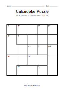 Puzzle #0005. Level: Easy. Print Size: Large Print. Easy 5x5 Calcudoku Puzzle. Free printable 5x5 large print Calcudoku puzzle for kids, adults, seniors, classrooms, homeschooling, and brain-training activities. Download the puzzle in PDF or PNG format, along with a separate answer key.