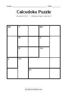 Puzzle #0011. Level: Hard. Print Size: Large Print. Challenging 5x5 Calcudoku Puzzle. Free printable 5x5 large print Calcudoku puzzle for kids, adults, seniors, classrooms, homeschooling, and brain-training activities. Download the puzzle in PDF or PNG format, along with a separate answer key.