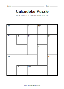 Puzzle #0012. Level: Hard. Print Size: Large Print. Printable 5x5 Calcudoku Number Puzzle. Free printable 5x5 large print Calcudoku puzzle for kids, adults, seniors, classrooms, homeschooling, and brain-training activities. Download the puzzle in PDF or PNG format, along with a separate answer key.