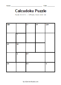 Puzzle #0013. Level: Hard. Print Size: Large Print. Printable 5x5 Calcudoku Logic Puzzle. Free printable 5x5 large print Calcudoku puzzle for kids, adults, seniors, classrooms, homeschooling, and brain-training activities. Download the puzzle in PDF or PNG format, along with a separate answer key.