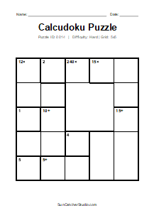 Puzzle #0014. Level: Hard. Print Size: Large Print. Brain Training 5x5 Calcudoku Puzzle. Free printable 5x5 large print Calcudoku puzzle for kids, adults, seniors, classrooms, homeschooling, and brain-training activities. Download the puzzle in PDF or PNG format, along with a separate answer key.