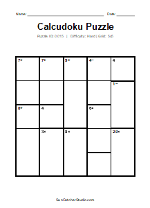 Puzzle #0015. Level: Hard. Print Size: Large Print. Advanced 5x5 Calcudoku Puzzle. Free printable 5x5 large print Calcudoku puzzle for kids, adults, seniors, classrooms, homeschooling, and brain-training activities. Download the puzzle in PDF or PNG format, along with a separate answer key.