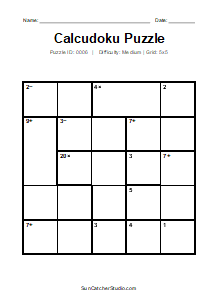 Puzzle #0006. Level: Medium. Print Size: Large Print. Printable 5x5 Calcudoku Puzzle. Free printable 5x5 large print Calcudoku puzzle for kids, adults, seniors, classrooms, homeschooling, and brain-training activities. Download the puzzle in PDF or PNG format, along with a separate answer key.