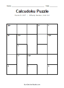 Puzzle #0007. Level: Medium. Print Size: Large Print. 5x5 Calcudoku Number Puzzle. Free printable 5x5 large print Calcudoku puzzle for kids, adults, seniors, classrooms, homeschooling, and brain-training activities. Download the puzzle in PDF or PNG format, along with a separate answer key.