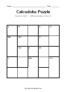 Puzzle #0008. Level: Medium. Print Size: Large Print. Printable 5x5 Calcudoku Logic Puzzle. Free printable 5x5 large print Calcudoku puzzle for kids, adults, seniors, classrooms, homeschooling, and brain-training activities. Download the puzzle in PDF or PNG format, along with a separate answer key.