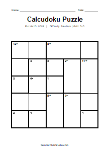 Puzzle #0009. Level: Medium. Print Size: Large Print. Brain Training 5x5 Calcudoku Puzzle. Free printable 5x5 large print Calcudoku puzzle for kids, adults, seniors, classrooms, homeschooling, and brain-training activities. Download the puzzle in PDF or PNG format, along with a separate answer key.