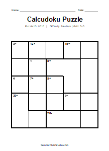 Puzzle #0010. Level: Medium. Print Size: Large Print. Medium 5x5 Calcudoku Puzzle. Free printable 5x5 large print Calcudoku puzzle for kids, adults, seniors, classrooms, homeschooling, and brain-training activities. Download the puzzle in PDF or PNG format, along with a separate answer key.