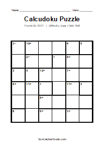 Puzzle #0001. Level: Easy. Print Size: Large Print. Printable 6x6 Calcudoku Puzzle. Free printable 6x6 large print Calcudoku puzzle for kids, adults, seniors, classrooms, homeschooling, and brain-training activities. Download the puzzle in PDF or PNG format, along with a separate answer key.