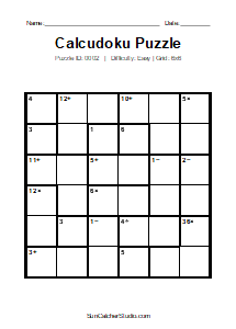 Puzzle #0002. Level: Easy. Print Size: Large Print. Free Printable 6x6 Calcudoku Puzzle. Free printable 6x6 large print Calcudoku puzzle for kids, adults, seniors, classrooms, homeschooling, and brain-training activities. Download the puzzle in PDF or PNG format, along with a separate answer key.