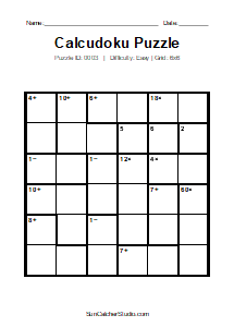 Puzzle #0003. Level: Easy. Print Size: Large Print. Beginner 6x6 Calcudoku Puzzle. Free printable 6x6 large print Calcudoku puzzle for kids, adults, seniors, classrooms, homeschooling, and brain-training activities. Download the puzzle in PDF or PNG format, along with a separate answer key.