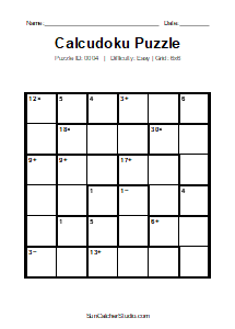 Puzzle #0004. Level: Easy. Print Size: Large Print. Classic 6x6 Calcudoku Puzzle. Free printable 6x6 large print Calcudoku puzzle for kids, adults, seniors, classrooms, homeschooling, and brain-training activities. Download the puzzle in PDF or PNG format, along with a separate answer key.