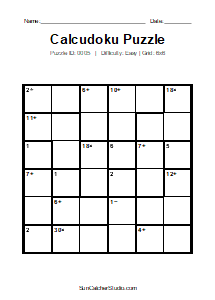 Puzzle #0005. Level: Easy. Print Size: Large Print. Easy 6x6 Calcudoku Puzzle. Free printable 6x6 large print Calcudoku puzzle for kids, adults, seniors, classrooms, homeschooling, and brain-training activities. Download the puzzle in PDF or PNG format, along with a separate answer key.