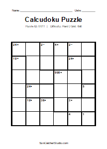 Puzzle #0011. Level: Hard. Print Size: Large Print. Challenging 6x6 Calcudoku Puzzle. Free printable 6x6 large print Calcudoku puzzle for kids, adults, seniors, classrooms, homeschooling, and brain-training activities. Download the puzzle in PDF or PNG format, along with a separate answer key.