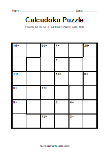 Puzzle #0012. Level: Hard. Print Size: Large Print. Printable 6x6 Calcudoku Number Puzzle. Free printable 6x6 large print Calcudoku puzzle for kids, adults, seniors, classrooms, homeschooling, and brain-training activities. Download the puzzle in PDF or PNG format, along with a separate answer key.