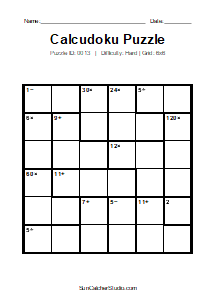 Puzzle #0013. Level: Hard. Print Size: Large Print. Printable 6x6 Calcudoku Logic Puzzle. Free printable 6x6 large print Calcudoku puzzle for kids, adults, seniors, classrooms, homeschooling, and brain-training activities. Download the puzzle in PDF or PNG format, along with a separate answer key.