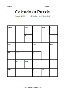 Puzzle #0014. Level: Hard. Print Size: Large Print. Brain Training 6x6 Calcudoku Puzzle. Free printable 6x6 large print Calcudoku puzzle for kids, adults, seniors, classrooms, homeschooling, and brain-training activities. Download the puzzle in PDF or PNG format, along with a separate answer key.