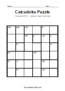 Puzzle #0015. Level: Hard. Print Size: Large Print. Advanced 6x6 Calcudoku Puzzle. Free printable 6x6 large print Calcudoku puzzle for kids, adults, seniors, classrooms, homeschooling, and brain-training activities. Download the puzzle in PDF or PNG format, along with a separate answer key.