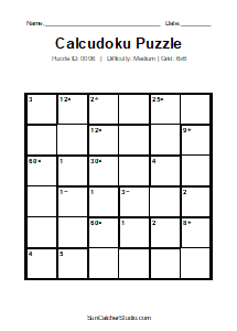 Puzzle #0006. Level: Medium. Print Size: Large Print. Printable 6x6 Calcudoku Puzzle. Free printable 6x6 large print Calcudoku puzzle for kids, adults, seniors, classrooms, homeschooling, and brain-training activities. Download the puzzle in PDF or PNG format, along with a separate answer key.