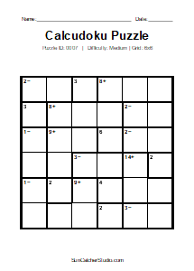 Puzzle #0007. Level: Medium. Print Size: Large Print. 6x6 Calcudoku Number Puzzle. Free printable 6x6 large print Calcudoku puzzle for kids, adults, seniors, classrooms, homeschooling, and brain-training activities. Download the puzzle in PDF or PNG format, along with a separate answer key.