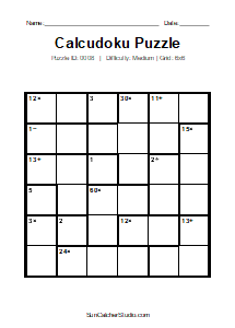 Puzzle #0008. Level: Medium. Print Size: Large Print. Printable 6x6 Calcudoku Logic Puzzle. Free printable 6x6 large print Calcudoku puzzle for kids, adults, seniors, classrooms, homeschooling, and brain-training activities. Download the puzzle in PDF or PNG format, along with a separate answer key.