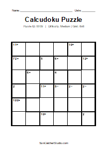 Puzzle #0009. Level: Medium. Print Size: Large Print. Brain Training 6x6 Calcudoku Puzzle. Free printable 6x6 large print Calcudoku puzzle for kids, adults, seniors, classrooms, homeschooling, and brain-training activities. Download the puzzle in PDF or PNG format, along with a separate answer key.