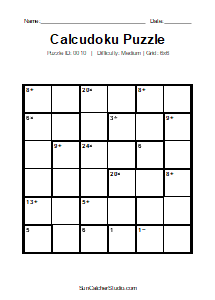 Puzzle #0010. Level: Medium. Print Size: Large Print. Medium 6x6 Calcudoku Puzzle. Free printable 6x6 large print Calcudoku puzzle for kids, adults, seniors, classrooms, homeschooling, and brain-training activities. Download the puzzle in PDF or PNG format, along with a separate answer key.