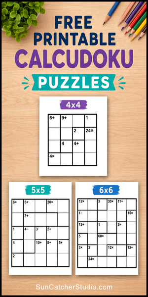 Free printable Calcudoku puzzles. Easy, medium, and hard 4x4, 5x5, and 6x6 math puzzles with answer keys for kids, adults, beginners, and experienced solvers.
