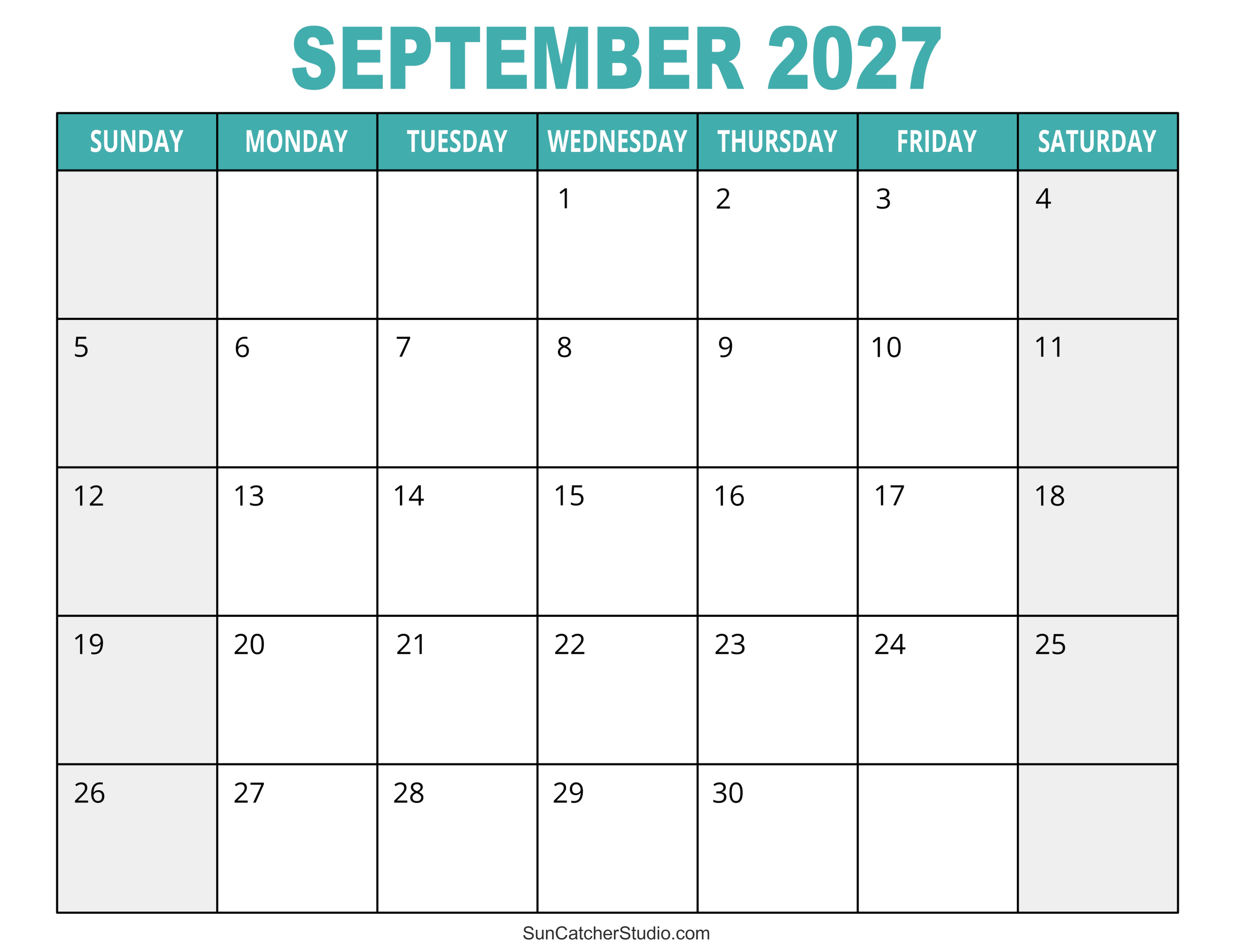 September 2027 Calendar Free Printable DIY Projects Patterns
