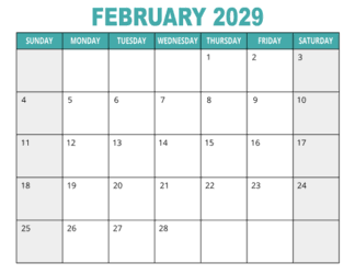 1. Free printable calendar, February 2029, Landscape. Free, printable, monthly, calendar, pdf, png, print, download.