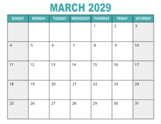 1. Free printable calendar, March 2029, Landscape. Free, printable, monthly, calendar, pdf, png, print, download.