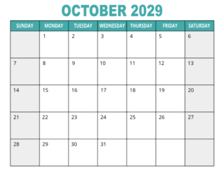 1. Free printable calendar, October 2029, Landscape. Free, printable, monthly, calendar, pdf, png, print, download.