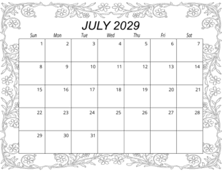 6. Free printable monthly calendar, July 2029, Landscape. Free, printable, monthly, calendar, pdf, png, print, download.