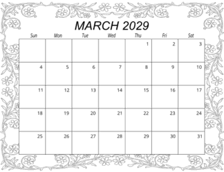 6. Free printable monthly calendar, March 2029, Landscape. Free, printable, monthly, calendar, pdf, png, print, download.
