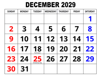 4. Large print monthly calendar, December 2029, Landscape. With full moon &, Federal US Holidays. Free, printable, monthly, calendar, pdf, png, print, download.